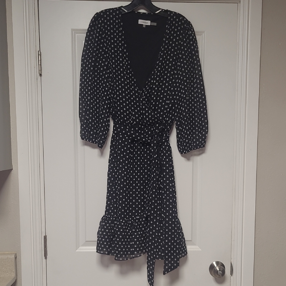 Calvin Klein Black Wrap Dress with Ruffled Hem and Bishop Sleeves